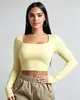 2026 Moda Feminina Europeia e Americana Transfronteiriça Amazon Nova Moda Confortável Casual Slim Fit Gola Quadrada Manga Longa Top Curto Camiseta