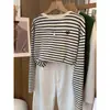 Camiseta de Manga Larga con Cuello Redondo, de Algodón Puro, Hombro Recto y Rayas, Nueva para 2026, para Mujer, Top Elegante y Versátil, Camiseta Básica para Otoño