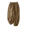 Pantalones Harem Cortos Versátiles de Algodón y Lino para el Verano con Cintura Elástica y Bolsillo, Pantalones Sueltos Casuales para Mujer