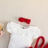 Nuevo mameluco de manga volada para bebé de 0 a 2 años + falda con tirantes + pañuelo para la cabeza, conjunto de tres piezas