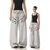 Pantalones casuales grises con estampado retro americano para mujer, nuevo estilo de otoño, holgados y versátiles, pantalones de chándal de pierna ancha rectos con cordón, modernos
