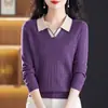 Tecido de fio fiado no núcleo 2026 novo estilo outono e inverno roupas femininas para meia-idade e idosos blusa de gola polo de manga comprida com suéter de tricô por dentro