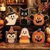 Decoraciones de bandeja de madera de mesa de Halloween estilo retro americano con fantasmas, gatos negros, calabazas y búhos para exhibiciones en el hogar y en ventanas