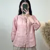 Camisa de Algodón y Lino para Mujer con Cuello Redondo, Bordada, Casual, Versátil, Holgada, Adelgazante, Nueva Camisa de Manga Larga Transpirable Verano 2024 para Mujer