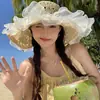 Sombrero de Sol de Paja con Encaje para Mujer, Ala Ancha, Verano, Transpirable, Sombrero de Paja, Sombrero de Playa, Moderno