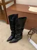 Botas Altas de Tacón de Cuña Puntiagudas de Nuevo Estilo 2026, Fruncidas, Estilo Chica Caliente, Hasta la Rodilla, Rectas, de Tacón Alto