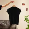 Top de punto azul estilo francés con cuello semi-alto y manga corta para mujer, diseño primavera 2026, canalé vertical, corte ajustado, camiseta básica favorecedora