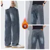China--Pantalones Vaqueros Elásticos Gruesos Forrados de Polar para Hombre Xintang Estilo Holgado Recto Vintage Casual Moderno Versátil