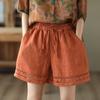 Shorts de Lino Anchos Estilo Retro para Mujer, Estilo Delgado de Verano, Cintura Elástica con Cordón, Pantalones Rectos Casuales de Algodón y Lino con Encaje Hueco