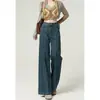 Jeans retro azules de pierna recta estrecha para mujer, nuevo diseño moderno, de cintura alta, corte holgado, pantalones de pierna ancha con patchwork