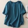 Camisa Retrô de Algodão e Linho com Bolinhas Tingidas no Fio, Camisa Feminina com Gola Cogumelo, Top de Verão de Manga Curta