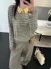 Suéter cárdigan de solapa de lana fina para mujer con textura a rayas y bordado exquisito, chaqueta de punto de un solo pecho para el trabajo