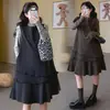 Moda Gestante Outono Inverno Novo Estilo Laço Top Interno Vestido com Babados de Camada Dupla Emagrecedor Esconde Barriga Conjunto Linha A