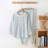 Pijama de gasa de algodón puro para mujer para primavera y otoño, dulce y lindo, con ribete de encaje, manga larga fina, se puede usar afuera, conjunto para casa