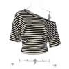 Moda Femenina Estilo Ins Europeo y Americano Otoño 2025 Nuevo Estilo Americano Transfronterizo Camiseta Top Rayada de un Hombro Ceñida a la Cintura Adelgazante