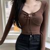 Dulce y picante camiseta básica con cordón otoño e invierno manga larga cuello en V corto top ajustado sexy comercio exterior Venta al por mayor