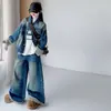 Conjunto de mezclilla para niña otoño e invierno 2026 chaqueta de mezclilla desgastada casual para niña y jeans de pierna ancha modernos