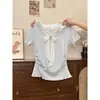 Camiseta de Manga Curta com Laço para Mulheres 2026 Novo Estilo Doce Color Blocking Babado Moda Slim Fit Top