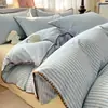 Juego de cuatro piezas de algodón 100% teñido en hilo y lavado, funda nórdica y sábana de algodón puro simple, juego de tres piezas para cama de dormitorio individual