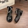 Novas Moda Primavera e Verão 2026 Sapatos Elegantes de Salto Alto Estilo Francês com Salto Grosso e Boca Rasa, Sapatos de Couro com Solado Grosso Femininos