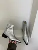 Botas de Cano Curto Apontadas Sazonais First Encounter para Mulheres, Nova Coleção Outono/Inverno 2026, Salto Grosso, Botas Elásticas Emagrecedoras, Salto Médio Prateado