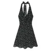 7755-26 Verano Retro Diseño Floral Cuello en V Ribete de Encaje Lazo Espalda Descubierta Estilizador Vestido Corto