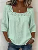 2026 Transfronterizo Amazon Nuevo Verano Color Sólido Casual Cuello Cuadrado Encaje Empalmado Manga Tres Cuartos Algodón y Lino Manga Corta Top para Mujer