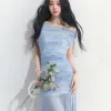 Vestido Largo de Tul Asimétrico de Hombro Estilo Francés Transparente Línea A Modelo Nuevo 2026 Vestido Largo Bodycon Sirena Vacaciones en la Playa
