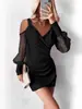 Vestido Feminino Popular de Comércio Exterior da Amazon, Malha Patchwork, Decote V Sexy, Plissado, Bodycon, Vestido Curto
