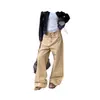 Calça jeans de sarja cáqui com fivela ajustável bordada para trabalho feminino, cintura alta americana, solta, modelagem que emagrece, casual, perna larga