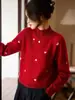 Suéter Jacquard Amor Outono e Inverno Casual 100% Lã Feminino Preguiçoso Top Base Gola Alta Meia Vermelho 2025