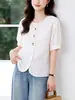Camisa bordada de cuello redondo para mujer, manga tres cuartos, diseño de verano 2026, top bordado con botones coloridos, camisa de algodón puro