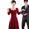Vestido de Torrada Estilo Francês para Noiva, Decote Quadrado, Manga Longa, Vestido de Casamento Vermelho, Roupas Casuais para Noivado e Formatura, Vestido Longo Petite