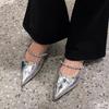 Versión de piel de oveja ~ Sentido avanzado plata Cinturón de diamantes de una palabra Zapatos de molino genuinos Sandalias de media pantuflas planas Baotou de verano para mujer