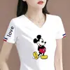Camiseta de manga corta para mujer de comercio exterior transfronterizo, cuello en V, corte holgado, estampada, casual, retro, top para mujer de talla grande