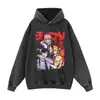 Moletom com capuz oversized e ombros caídos com estampa de personagem de anime, marca streetwear, com aspecto desgastado