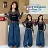 Conjunto de Top Rayado Falso de Dos Piezas para Niñas Otoño 2026 Ropa Nueva de Otoño Pantalones de Pierna Curva de Mezclilla para Niñas Grandes Conjunto de Dos Piezas