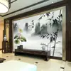 18d moderno novo mural de tinta chinesa lótus sala de estar bambu antigo parede de fundo de TV papel de parede