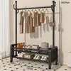 Cabide de chão doméstico, varal simples para secar roupas de quarto, cabide de roupas móvel, prateleira de armazenamento vertical de camada dupla
