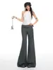 Yechuan # Calça Social Cinza de Cintura Baixa Flare para Mulheres com Cinto Largo, Modelagem Slim Fit, Caimento Fluido, Calça Wide Leg Versátil.