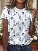 Camiseta europea y americana de manga corta para mujer con estampado 3D floral y a cuadros, camiseta de cuello redondo moderna y versátil