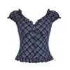 Camiseta Y2K para Mujer, Top Retro de Nicho Europeo y Americano a Cuadros con Volantes y Mangas Abullonadas, Cuello en V Sexy Estilo Ballet Francés, Adelgazante