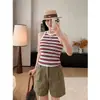 Estilo de Qin Lan~ Camisola de punto con cuello halter de rayas rojas y blancas para mujer, top sin mangas versátil corto ajustado para otoño 2026