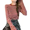 Camiseta de manga larga a rayas de bloques de color para mujer, nueva colección de otoño 2026, casual y estilosa, perfecta como capa interior o top corto para estudiantes