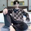 Pijama de Hombre Nuevo de Primavera y Otoño Transfronterizo de Manga Larga Cuello Redondo Holgado Estilo Coreano Talla Grande Ropa Deportiva Portátil para el Hogar Conjunto