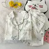 Pijama Plus Size Sudeste Asiático para Mulheres Algodão Nuvem Cardigã de Primavera Gola Lapela Manga Longa Calça Longa Conjunto Simples Confortável para Casa