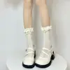 Meias 3/4 femininas com acabamento em renda para primavera e verão, meias finas de cor sólida na altura da panturrilha, meias requintadas com renda acima do joelho, meias estilo Lolita
