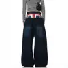 Jeans Reto Americano Lavado Desgastado Patchwork Bandeira Perna Reta Masculino Retrô Solto Perna Larga Calças Vintage