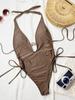 Comercio Exterior Europeo y Americano Color Puro Con Cordones Cuello en V Bikini de Mujer Cintura Alta Triángulo Playa Fuente Termal Traje de Baño de una Pieza G361W