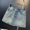 Shorts jeans de cintura alta com pérolas e strass quentes, estilo sereia, design moderno, saia curta feminina de verão nova, corte A, emagrecedor, hot girl